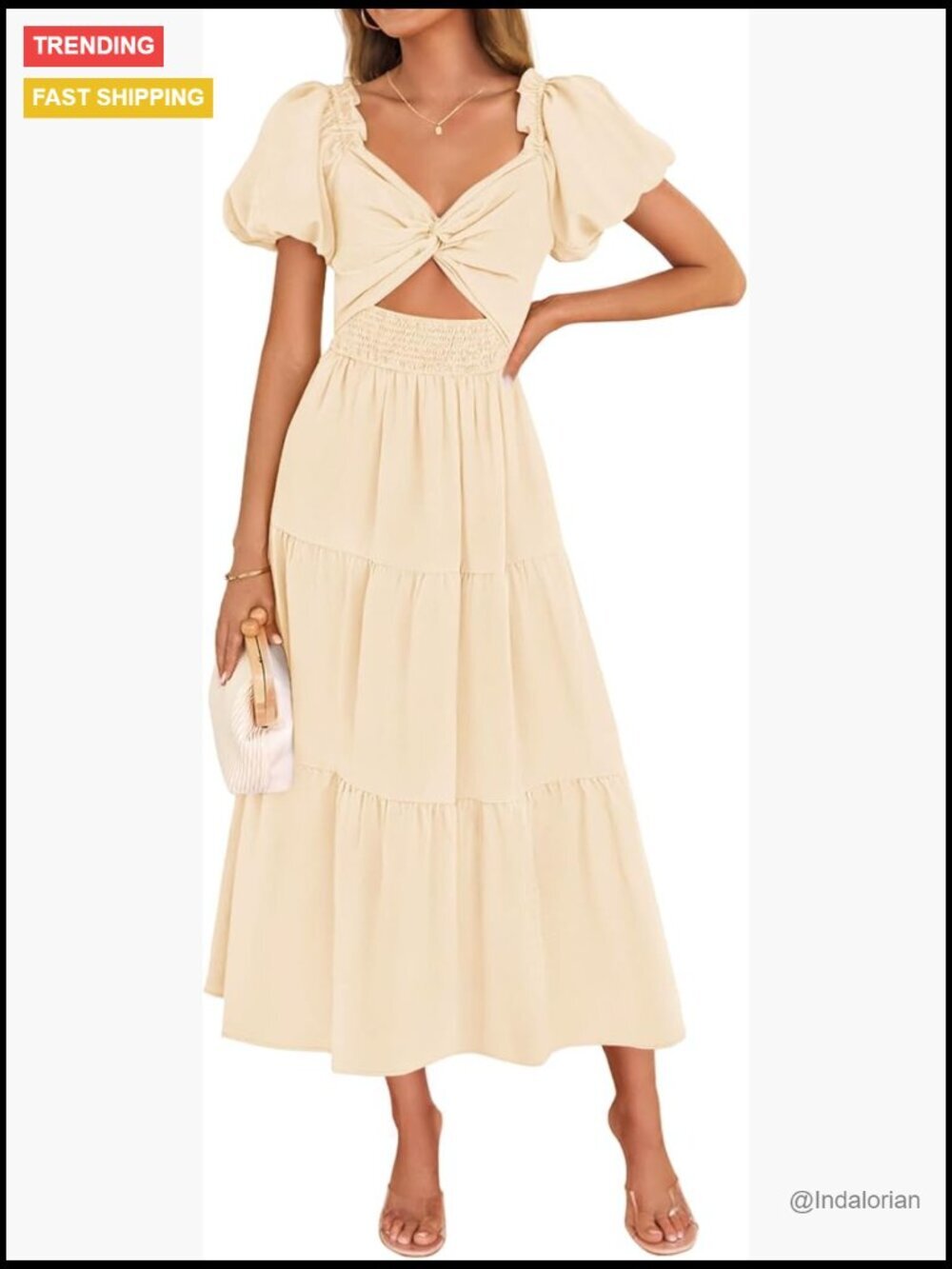 Smocked A-Line Maxi Dress with Short Puff Sleeves